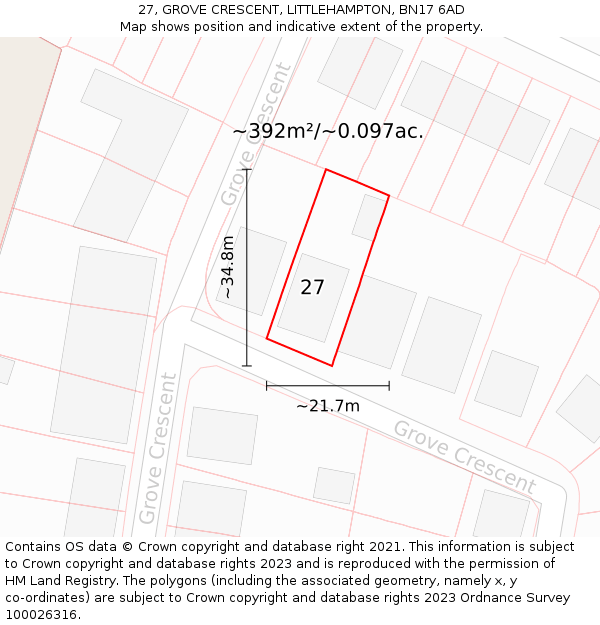 27, GROVE CRESCENT, LITTLEHAMPTON, BN17 6AD: Plot and title map