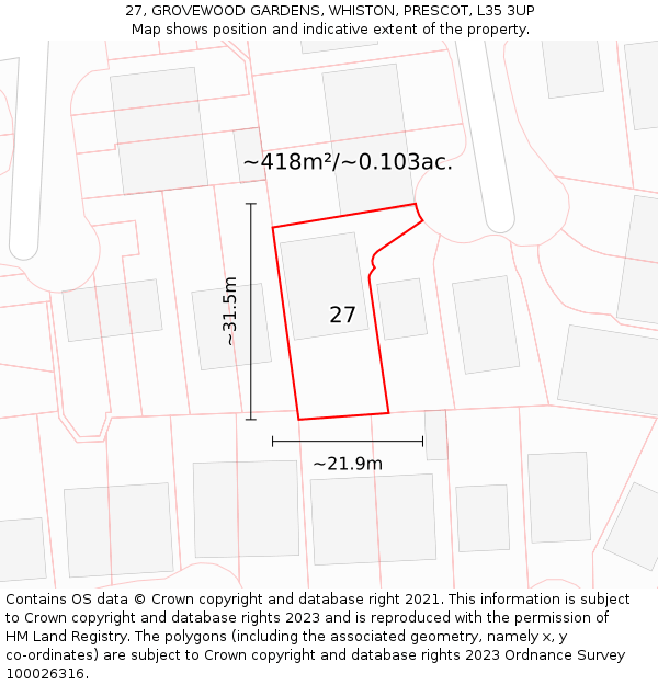 27, GROVEWOOD GARDENS, WHISTON, PRESCOT, L35 3UP: Plot and title map