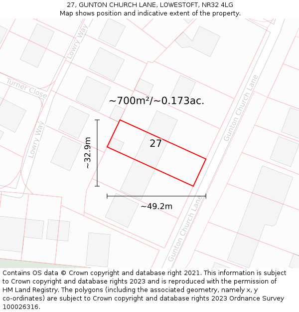 27, GUNTON CHURCH LANE, LOWESTOFT, NR32 4LG: Plot and title map