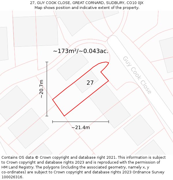 27, GUY COOK CLOSE, GREAT CORNARD, SUDBURY, CO10 0JX: Plot and title map