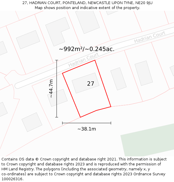 27, HADRIAN COURT, PONTELAND, NEWCASTLE UPON TYNE, NE20 9JU: Plot and title map