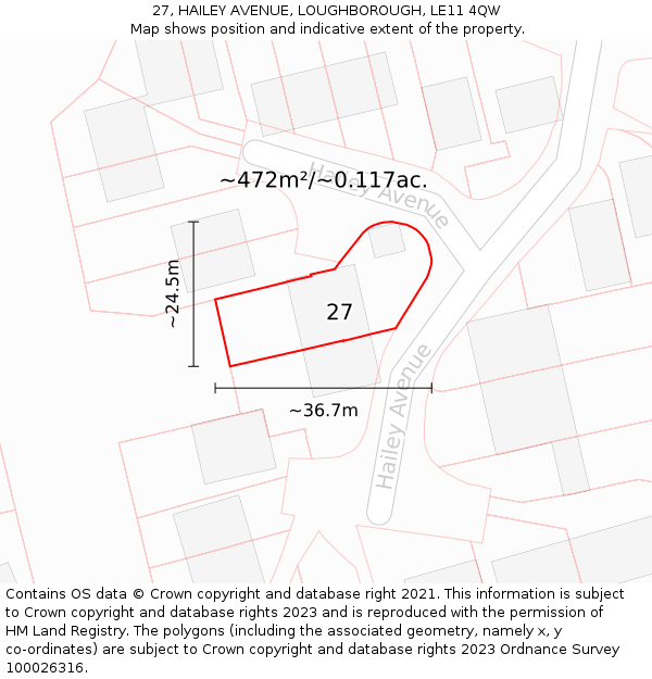 27, HAILEY AVENUE, LOUGHBOROUGH, LE11 4QW: Plot and title map