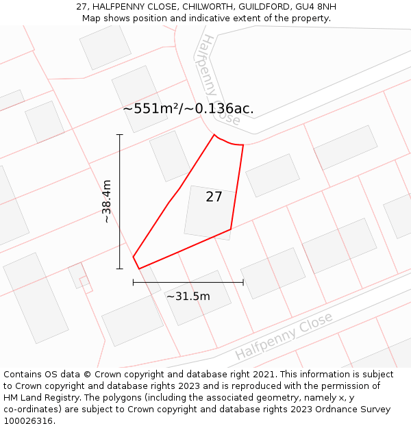 27, HALFPENNY CLOSE, CHILWORTH, GUILDFORD, GU4 8NH: Plot and title map