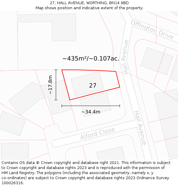 27, HALL AVENUE, WORTHING, BN14 9BD: Plot and title map