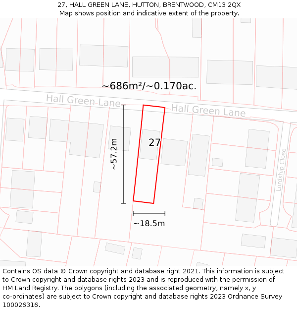 27, HALL GREEN LANE, HUTTON, BRENTWOOD, CM13 2QX: Plot and title map