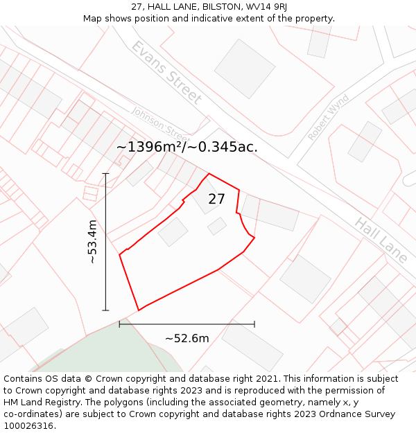 27, HALL LANE, BILSTON, WV14 9RJ: Plot and title map