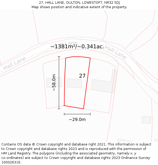 27, HALL LANE, OULTON, LOWESTOFT, NR32 5DJ: Plot and title map