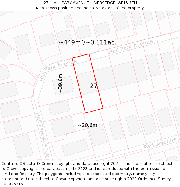 27, HALL PARK AVENUE, LIVERSEDGE, WF15 7EH: Plot and title map