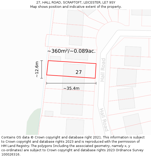 27, HALL ROAD, SCRAPTOFT, LEICESTER, LE7 9SY: Plot and title map