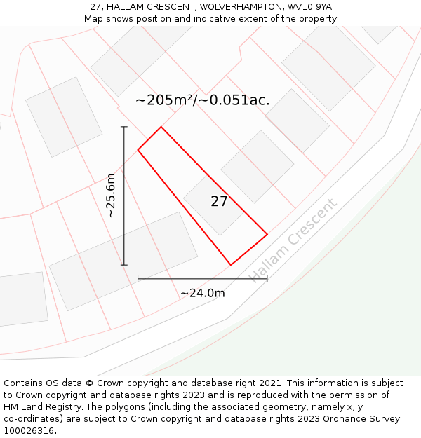27, HALLAM CRESCENT, WOLVERHAMPTON, WV10 9YA: Plot and title map