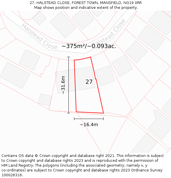 27, HALSTEAD CLOSE, FOREST TOWN, MANSFIELD, NG19 0RR: Plot and title map