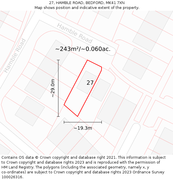 27, HAMBLE ROAD, BEDFORD, MK41 7XN: Plot and title map