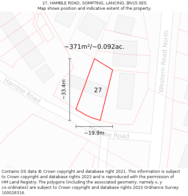 27, HAMBLE ROAD, SOMPTING, LANCING, BN15 0ES: Plot and title map