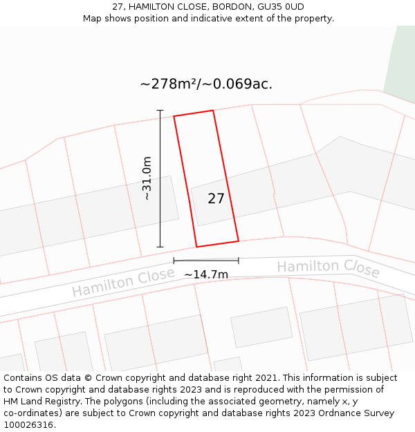 27, HAMILTON CLOSE, BORDON, GU35 0UD: Plot and title map