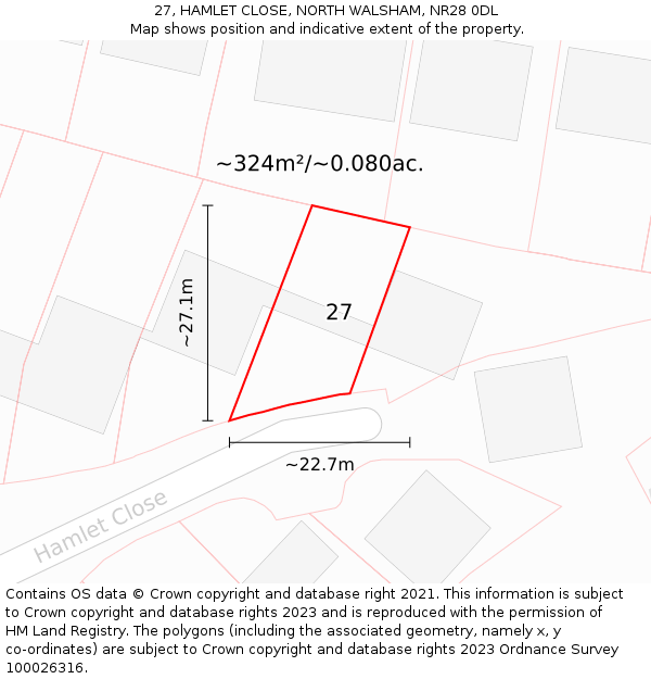 27, HAMLET CLOSE, NORTH WALSHAM, NR28 0DL: Plot and title map
