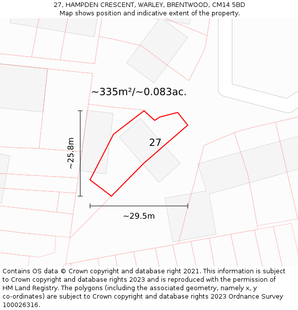 27, HAMPDEN CRESCENT, WARLEY, BRENTWOOD, CM14 5BD: Plot and title map