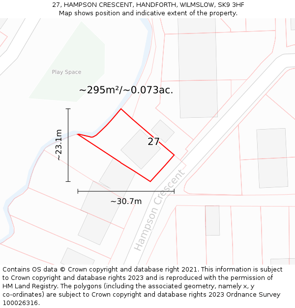 27, HAMPSON CRESCENT, HANDFORTH, WILMSLOW, SK9 3HF: Plot and title map