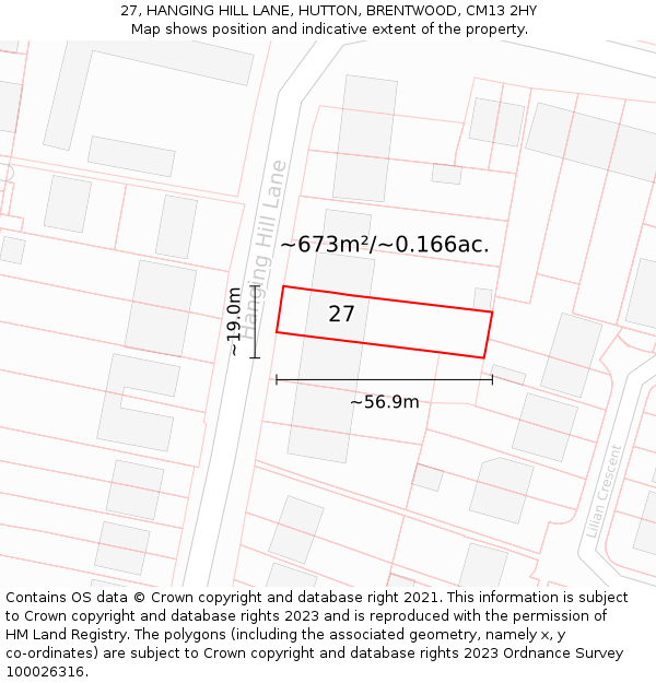 27, HANGING HILL LANE, HUTTON, BRENTWOOD, CM13 2HY: Plot and title map