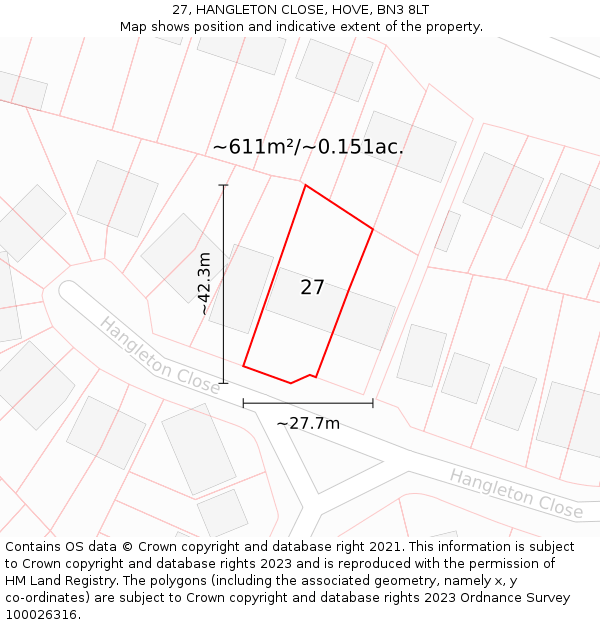 27, HANGLETON CLOSE, HOVE, BN3 8LT: Plot and title map