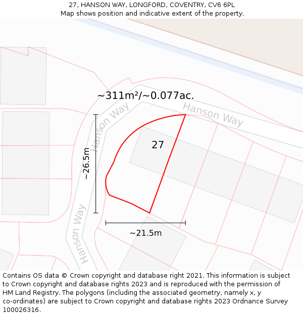 27, HANSON WAY, LONGFORD, COVENTRY, CV6 6PL: Plot and title map