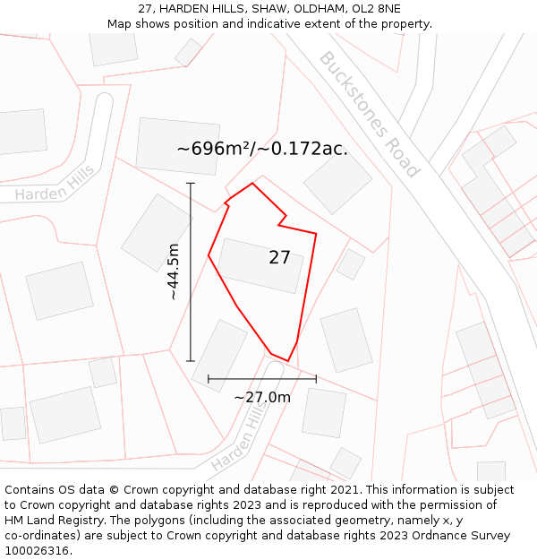 27, HARDEN HILLS, SHAW, OLDHAM, OL2 8NE: Plot and title map