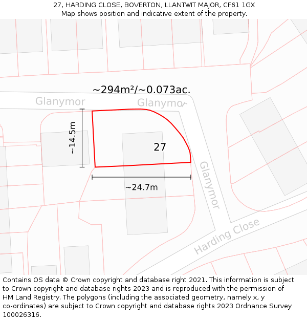 27, HARDING CLOSE, BOVERTON, LLANTWIT MAJOR, CF61 1GX: Plot and title map