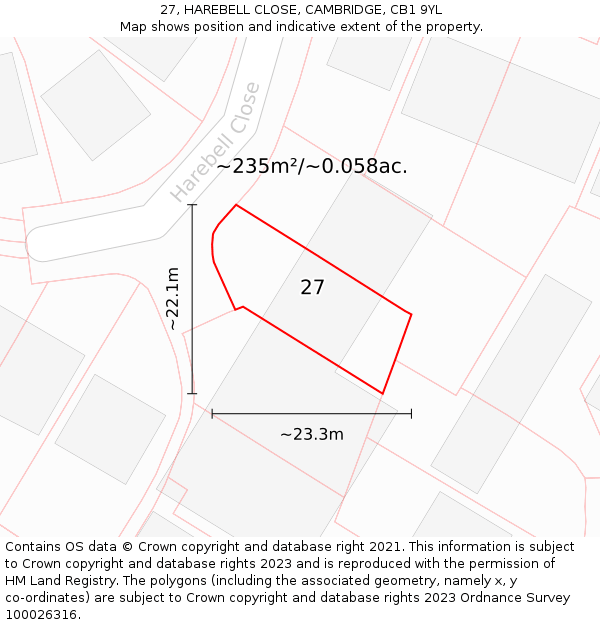 27, HAREBELL CLOSE, CAMBRIDGE, CB1 9YL: Plot and title map