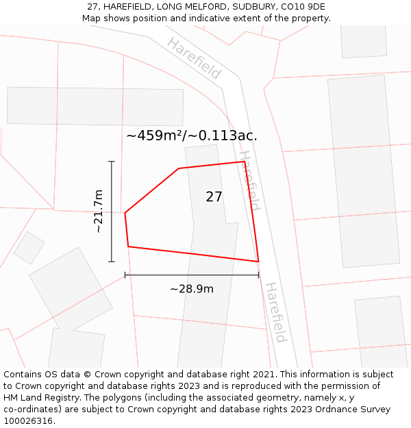 27, HAREFIELD, LONG MELFORD, SUDBURY, CO10 9DE: Plot and title map