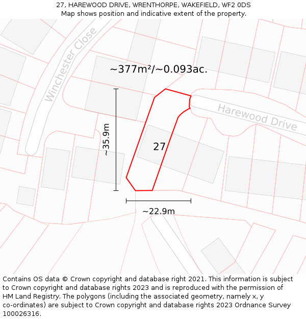 27, HAREWOOD DRIVE, WRENTHORPE, WAKEFIELD, WF2 0DS: Plot and title map