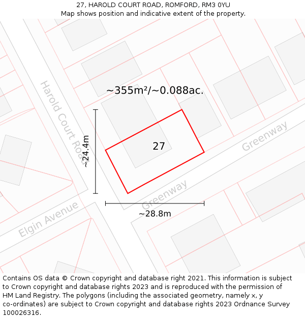 27, HAROLD COURT ROAD, ROMFORD, RM3 0YU: Plot and title map