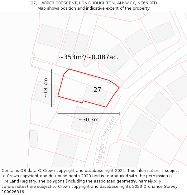 27, HARPER CRESCENT, LONGHOUGHTON, ALNWICK, NE66 3FD: Plot and title map