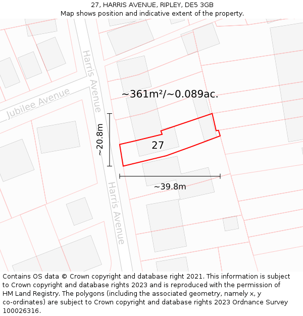 27, HARRIS AVENUE, RIPLEY, DE5 3GB: Plot and title map