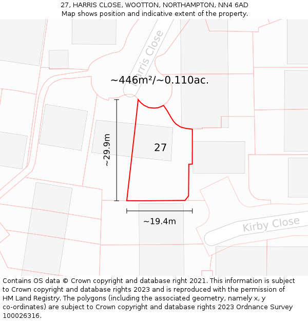 27, HARRIS CLOSE, WOOTTON, NORTHAMPTON, NN4 6AD: Plot and title map