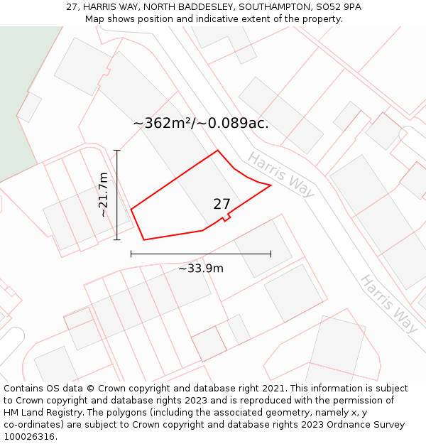 27, HARRIS WAY, NORTH BADDESLEY, SOUTHAMPTON, SO52 9PA: Plot and title map