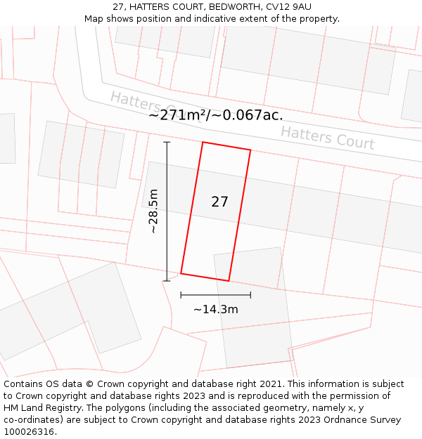 27, HATTERS COURT, BEDWORTH, CV12 9AU: Plot and title map