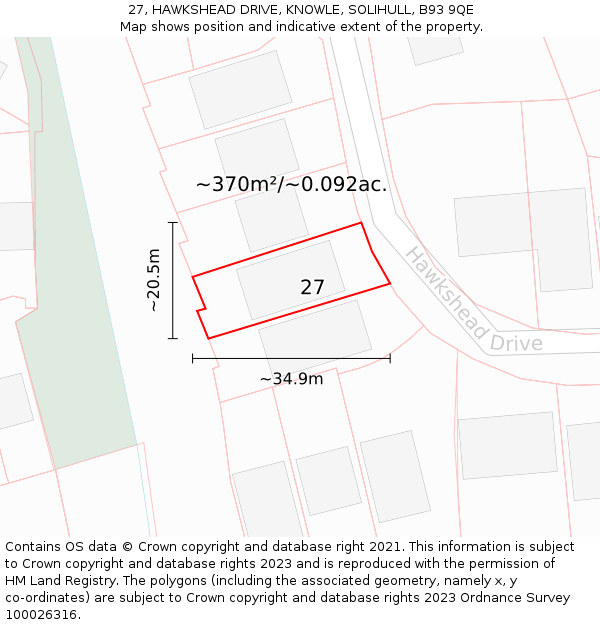 27, HAWKSHEAD DRIVE, KNOWLE, SOLIHULL, B93 9QE: Plot and title map