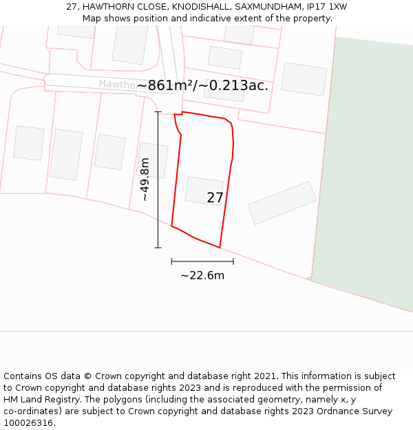 27, HAWTHORN CLOSE, KNODISHALL, SAXMUNDHAM, IP17 1XW: Plot and title map