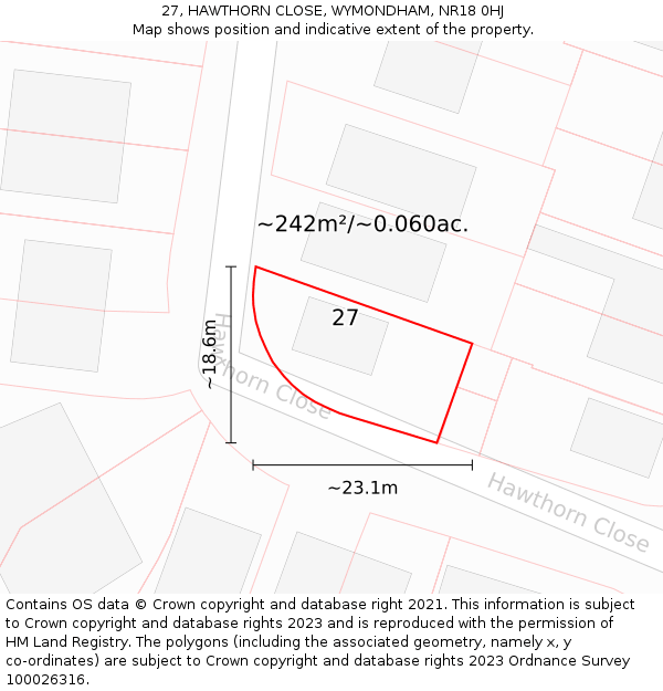 27, HAWTHORN CLOSE, WYMONDHAM, NR18 0HJ: Plot and title map