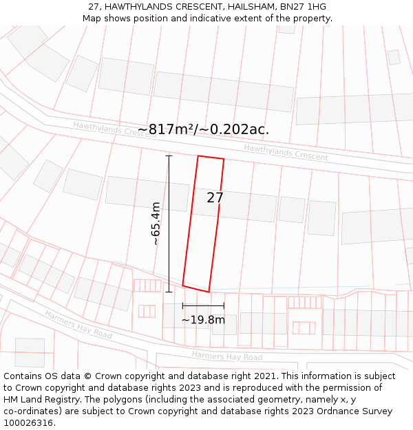 27, HAWTHYLANDS CRESCENT, HAILSHAM, BN27 1HG: Plot and title map