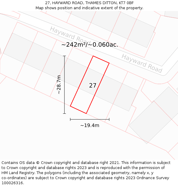 27, HAYWARD ROAD, THAMES DITTON, KT7 0BF: Plot and title map