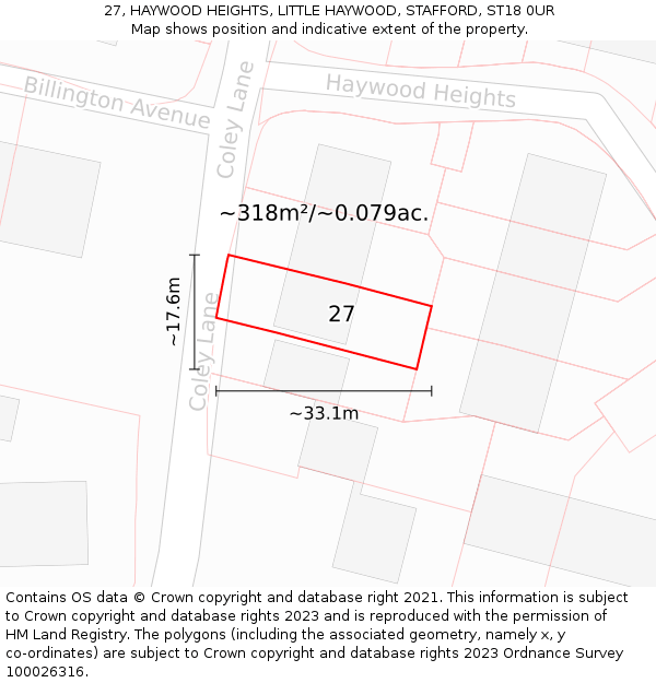 27, HAYWOOD HEIGHTS, LITTLE HAYWOOD, STAFFORD, ST18 0UR: Plot and title map