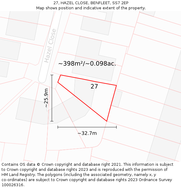 27, HAZEL CLOSE, BENFLEET, SS7 2EP: Plot and title map