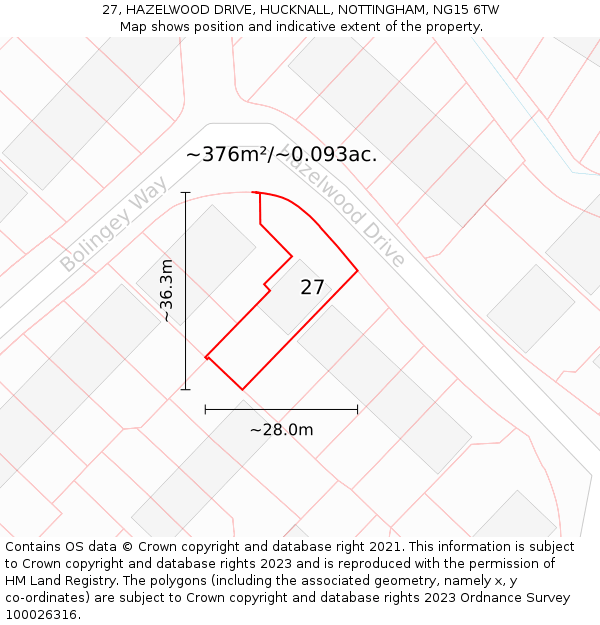 27, HAZELWOOD DRIVE, HUCKNALL, NOTTINGHAM, NG15 6TW: Plot and title map