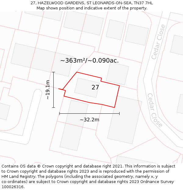 27, HAZELWOOD GARDENS, ST LEONARDS-ON-SEA, TN37 7HL: Plot and title map