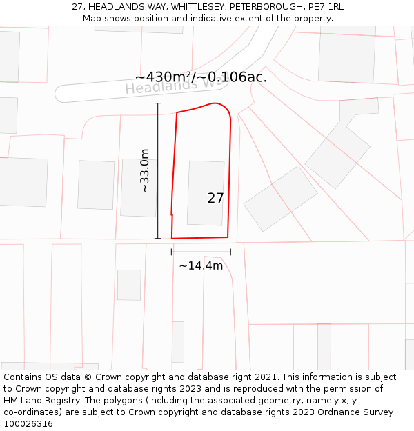 27, HEADLANDS WAY, WHITTLESEY, PETERBOROUGH, PE7 1RL: Plot and title map