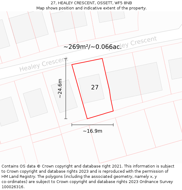 27, HEALEY CRESCENT, OSSETT, WF5 8NB: Plot and title map