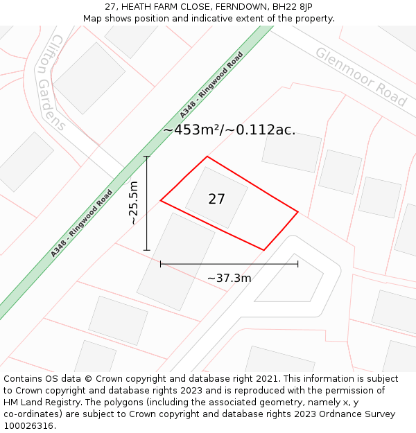 27, HEATH FARM CLOSE, FERNDOWN, BH22 8JP: Plot and title map