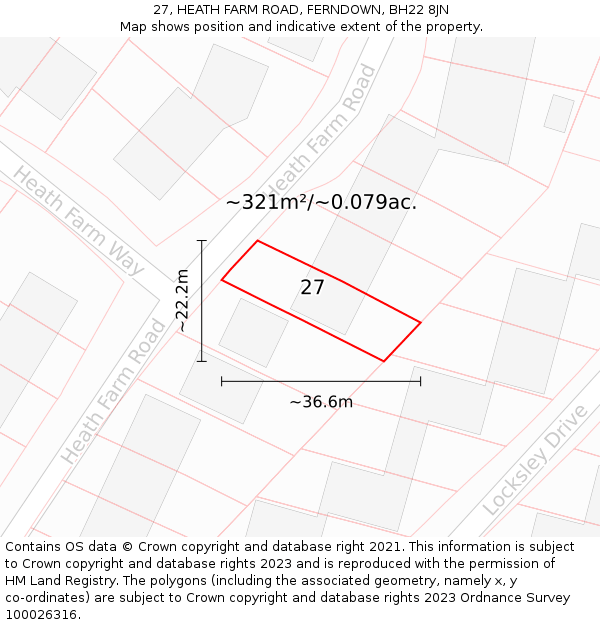 27, HEATH FARM ROAD, FERNDOWN, BH22 8JN: Plot and title map