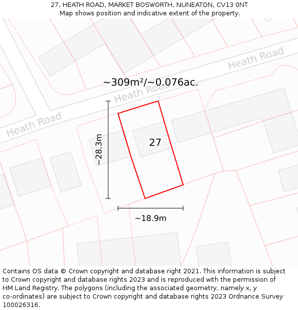 27, HEATH ROAD, MARKET BOSWORTH, NUNEATON, CV13 0NT: Plot and title map