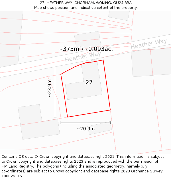 27, HEATHER WAY, CHOBHAM, WOKING, GU24 8RA: Plot and title map